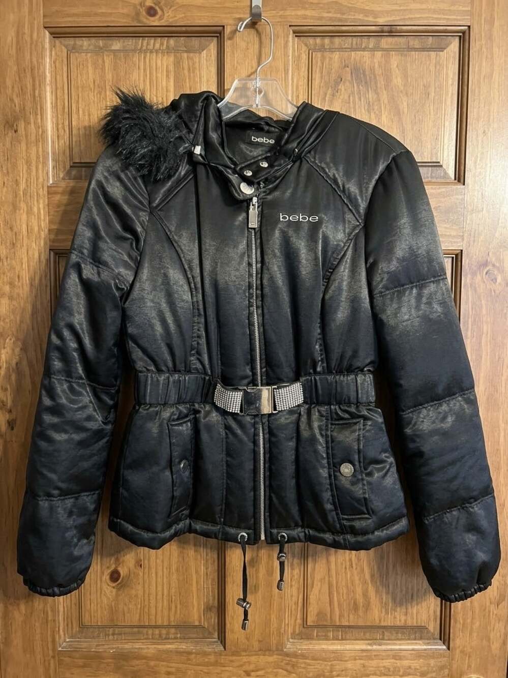 Bebe Black Faux Fur Trim Belted Puffer Jacket (Size Small)